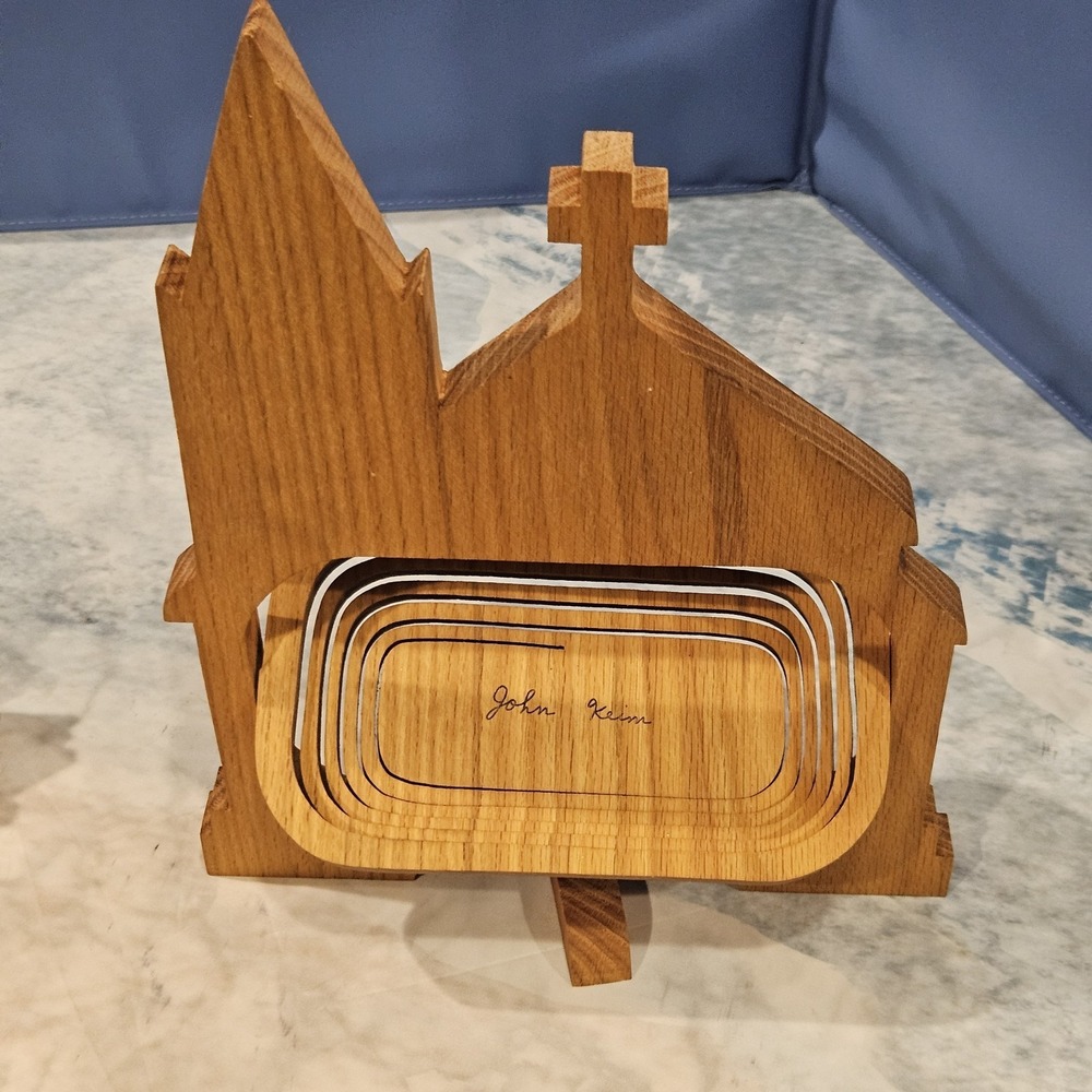 John Keim Folding Basket Wood Church Shape Longaberger Style Handmade Decor